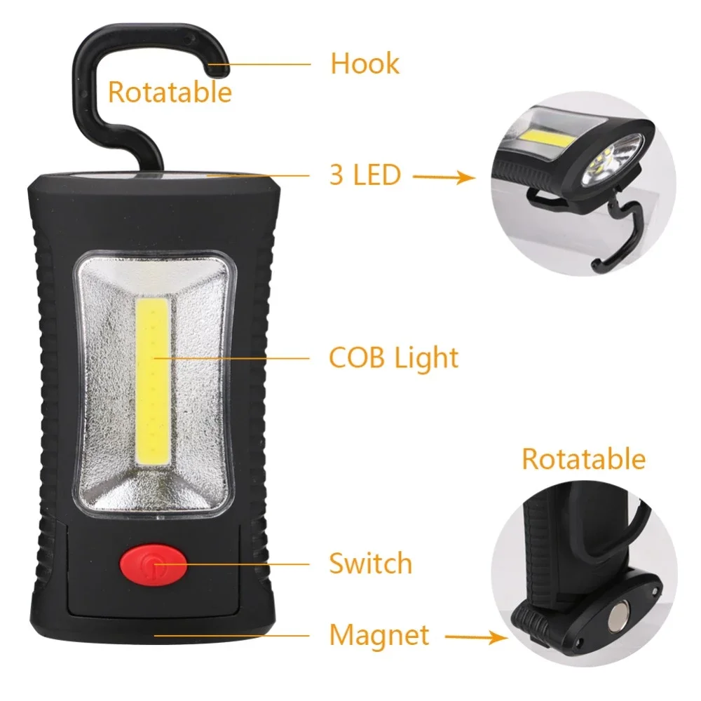 Portable Flashlight 2 Mode Multifunctional Portable COB LED Magnetic Folding Hook Light USE 3xAAA