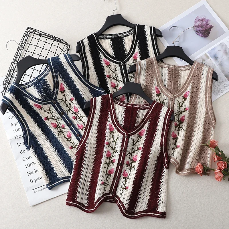 

za Sweaters Knitted Vest Women Embroidery Single Breasted V-Neck Hollow Out Patchwork Sweet Vintage Girls Retro Waistcoat New