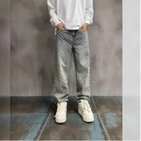 American High Street Men's Jeans Summer Embroidery Design Paris Style Straight Leg Long Trousers Trendy Brand Hole Design