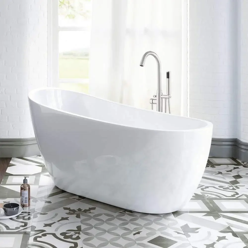 Contemporary White 54" Acrylic Freestanding Bathtub Soaking Tub with Brushed Nickel Overflow Non-Slip Design High Quality 2