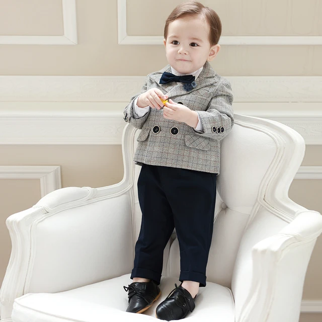 New Kids Formal Plaid Suit Children Boys Wedding Birthday Party Jacket Baby Blazer Pants With braces Bow tie Clothes Set Outfit 4