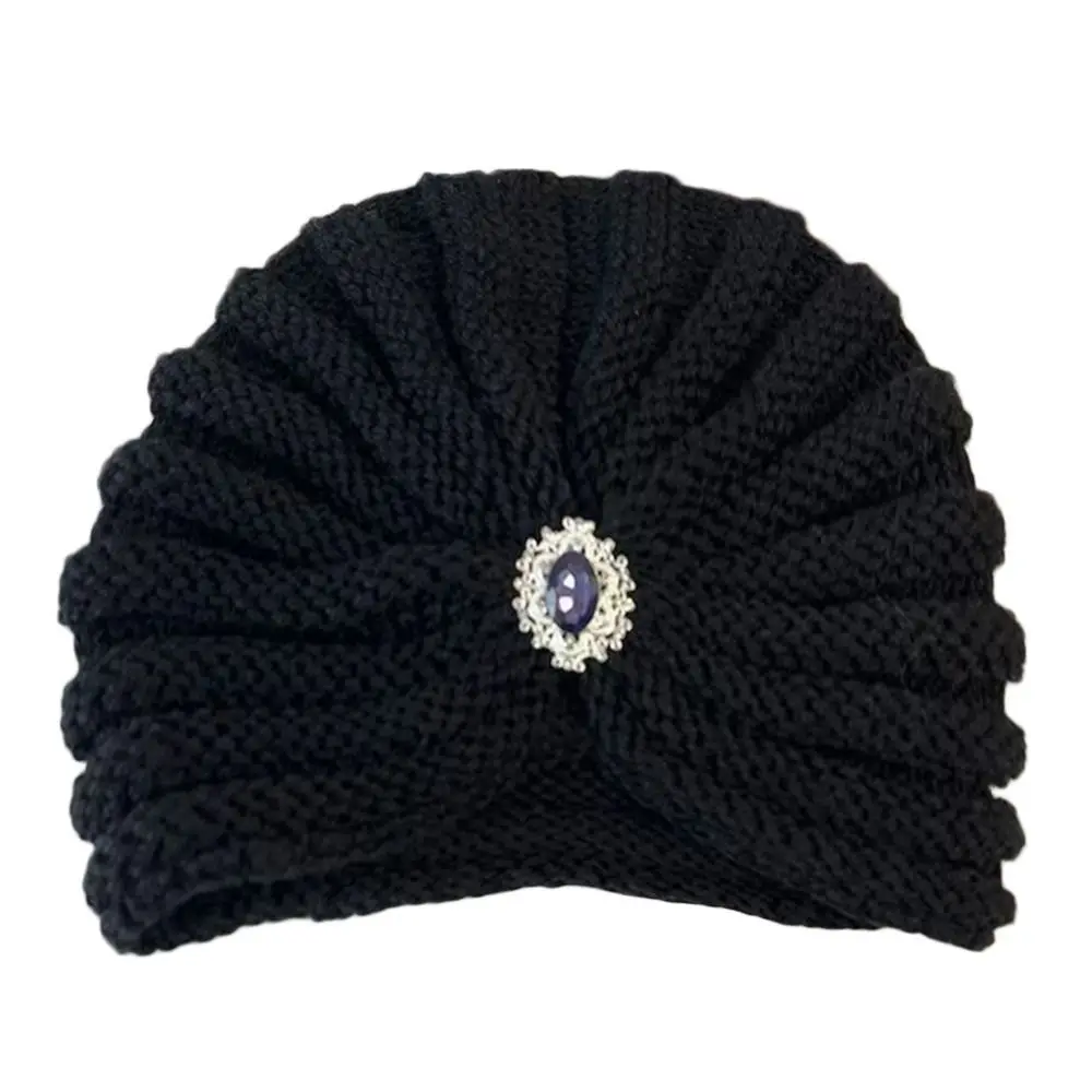 Fashion Winter Warm Hijab Caps Soft Thick Bohemia Turban Diamond Jewelry Wool Knitting Knitted Hats for Women 4