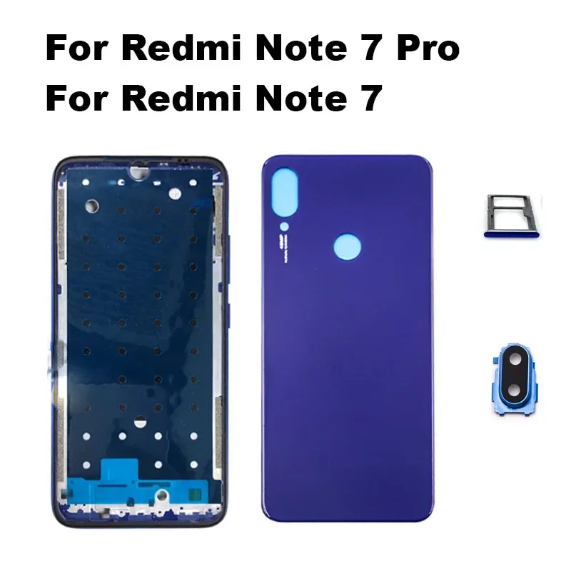 

Чехол для Xiaomi Redmi Note 7 Pro, задняя крышка аккумулятора, средняя рамка, с кнопкой регулировки громкости, стеклянный объектив камеры, лоток для Sim-карты