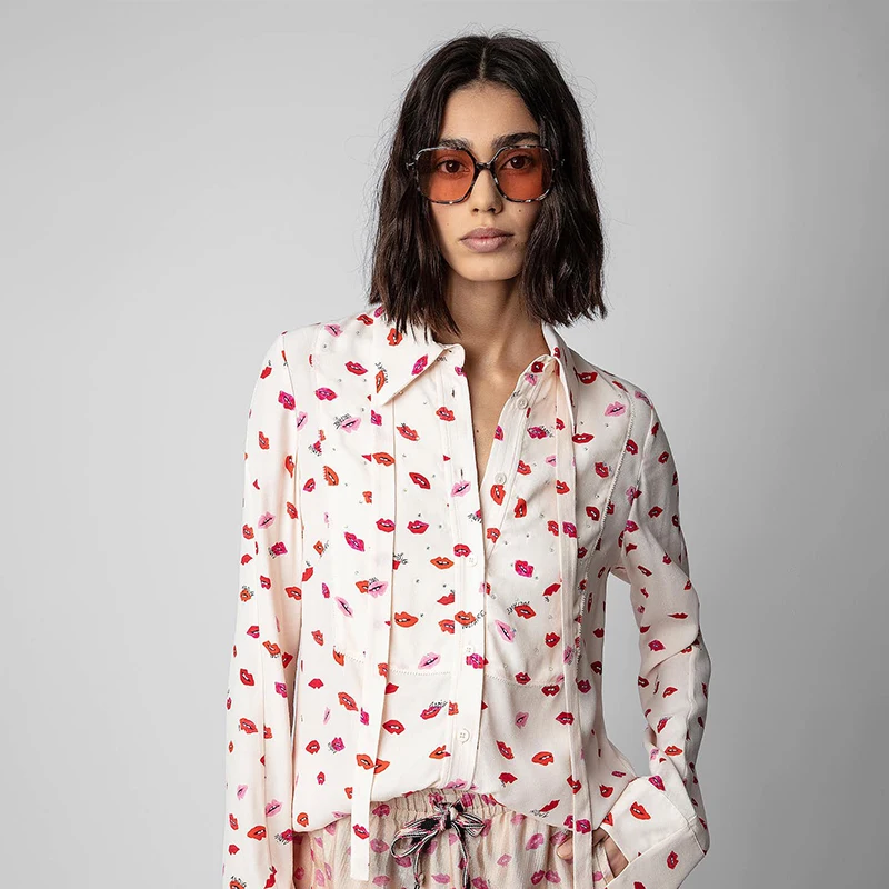 

Zadig Casual Blouse Women Rayon Chic Lip Pink Print Fashion Blouse Female Loose Long Sleeve Sexy Shirt Female Elegant Shirts Top