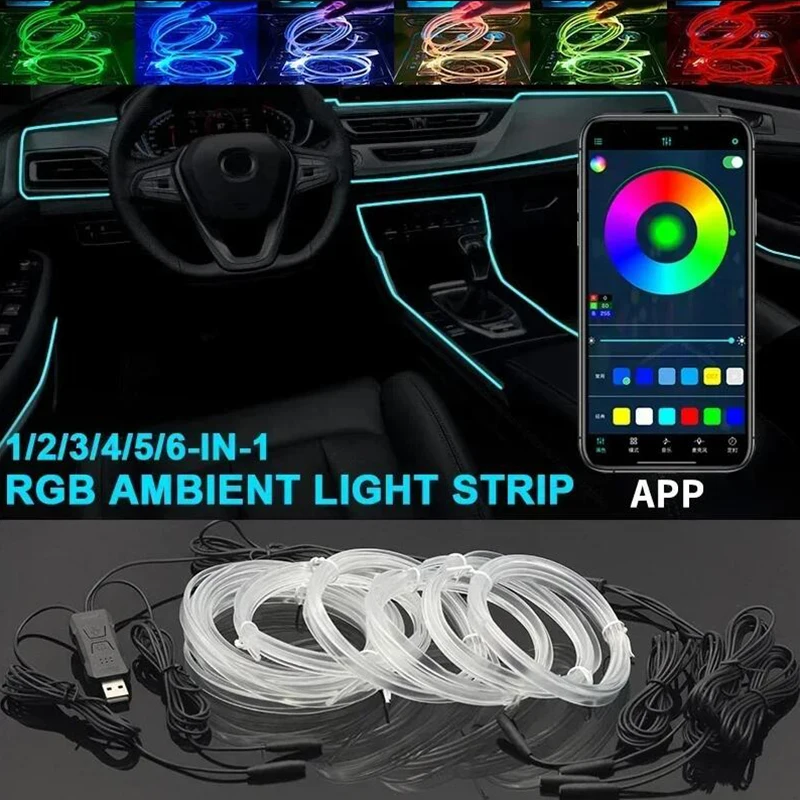 Car Interior RGB LED Atmosphere Light Strip USB Fiber Optic Neon ...