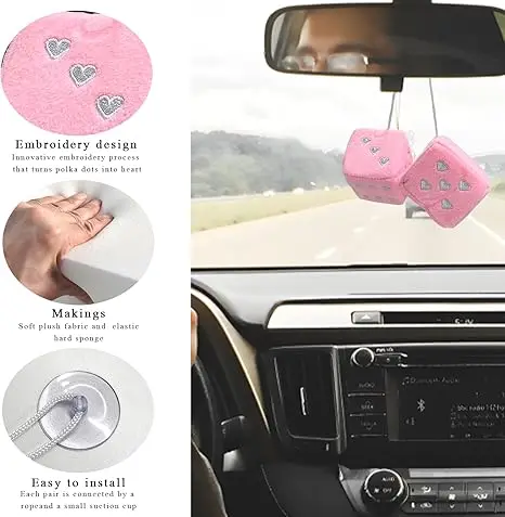 Pair Of 3" Hot Stamped Polka Dot Fuzzy Plush Dice – Car Rearview Mirror Hanging Decor, White, Easy Install - View #7