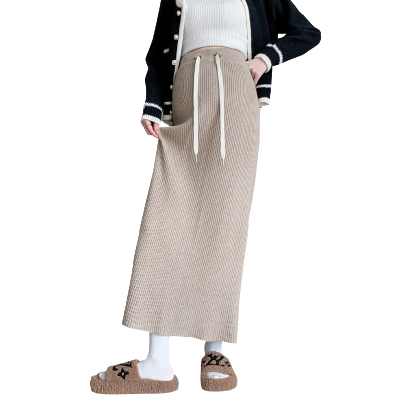 Autumn Winter Thick Knitted Long Skirts Maternity Drawstring Slim Fit Pencil Back Splits Bottoms for Pregnant Women Prgenancy