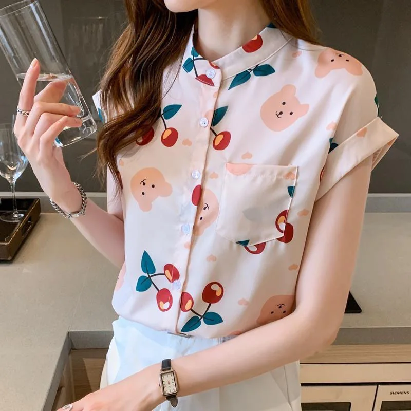 

Woman Summer Style Blouses Tops Lady Casual Short Batwing Sleeve Stand Collar Cherry Printed Blusas Tops ZZ1393
