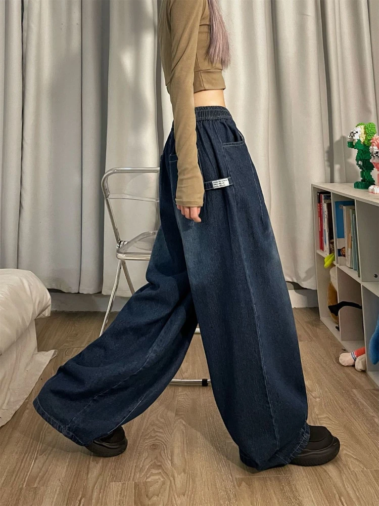 QWEEK Women Vintage Baggy Jeans Y2K Elastic High Waist Oversized Streetwear Trouser Denim Wide Leg Straight Basic Pants Spring