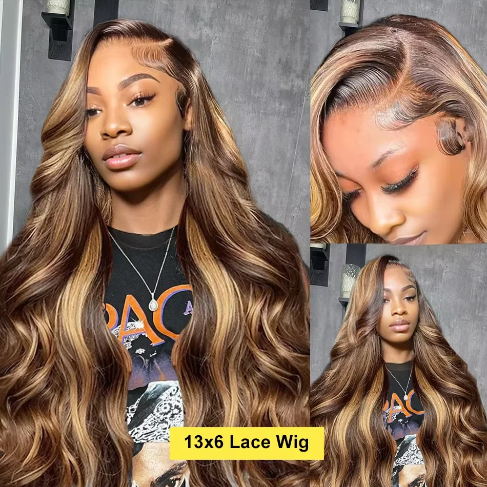 Human Hair Lace Frontal Wig 30 38 Inch 4/27 Highlight Colored Ombre Blonde Body Wave For Women