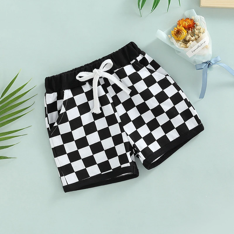 Toddler Boys Plaid Print Shorts with Elastic Waistband Drawstring Closure and Functional Pockets for a Stylish Look