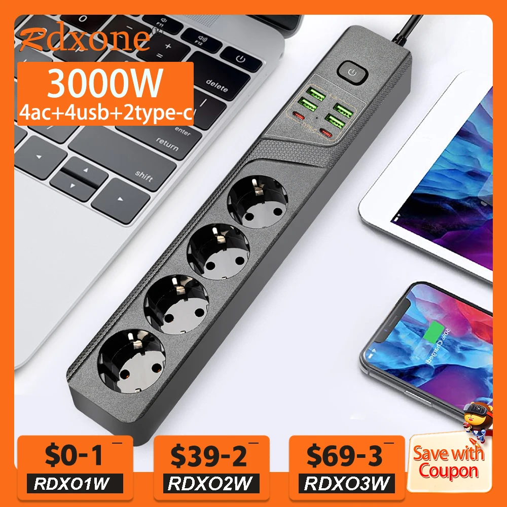 

3000W EU Plug Power Strip with USB 1/3/4AC Electrical Sockets Smart Home Extension Cord 6 USB Port 4.2A Phone Charger Adapter