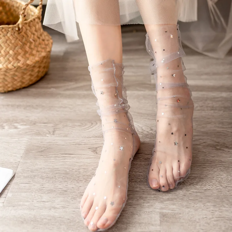 

Lace Socks for Women Transparent Mesh socks Thin Solid Color Sequined Stars Without Heel Tube Pile Lolita Socks Kawaii