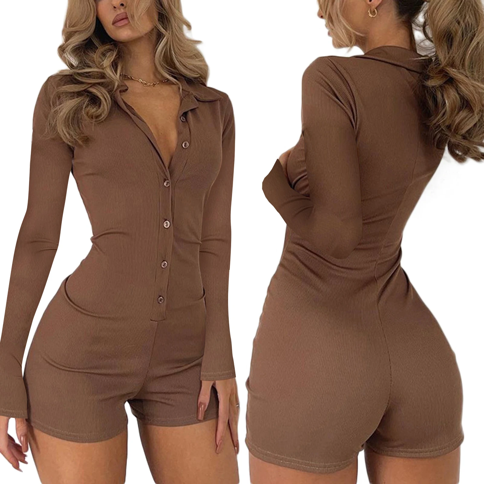 

Short Sleeve Playsuit Jumpsuit for Women Bodycon Sexy V Neck Buttons Rompers Shorts Knitted Yoga Running Bodysuit Overall