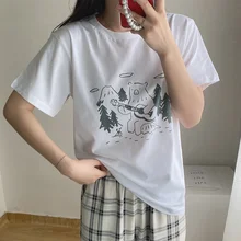 

Y2K Kawaii Summer Clothing Female Loose Bear playing guitar Print High Street fairy grunge Harajuku Clothes Oversized T-shirt