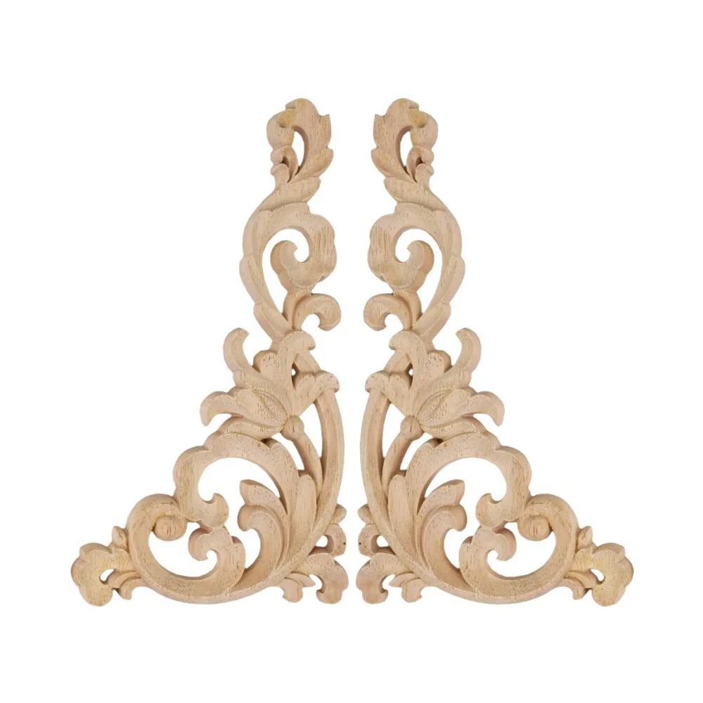 

Floral Wood Carved Corner Applique Vintage Unpainted Wooden Carving Decal for Furniture Cabinet Door Frame Wall Home Decor