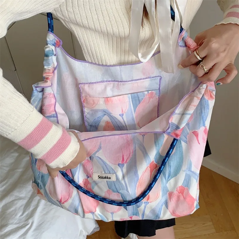 BYMONDY Women Fabric Tote Bag Large Capacity Floral Ladies Handbags Outdoor Fashion Casual Shoulder Bags Student Cloth Hand Bag