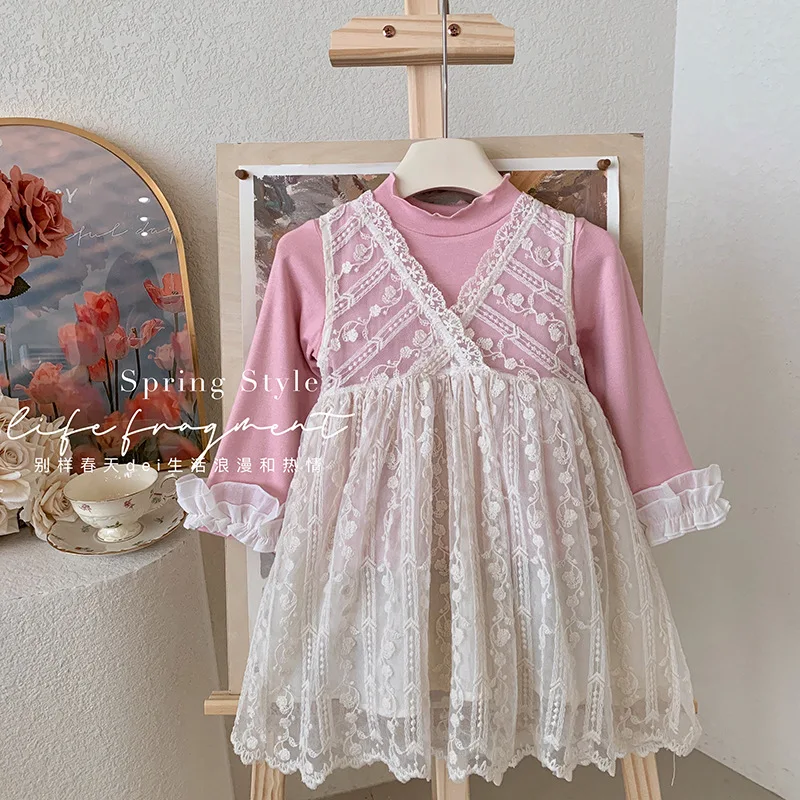

Girls' Spring New Bottoming Shirt Children's Lace Strap Shirt Dress Two-Piece Children's Fashion Soft and Adorable Suit SkirtCha