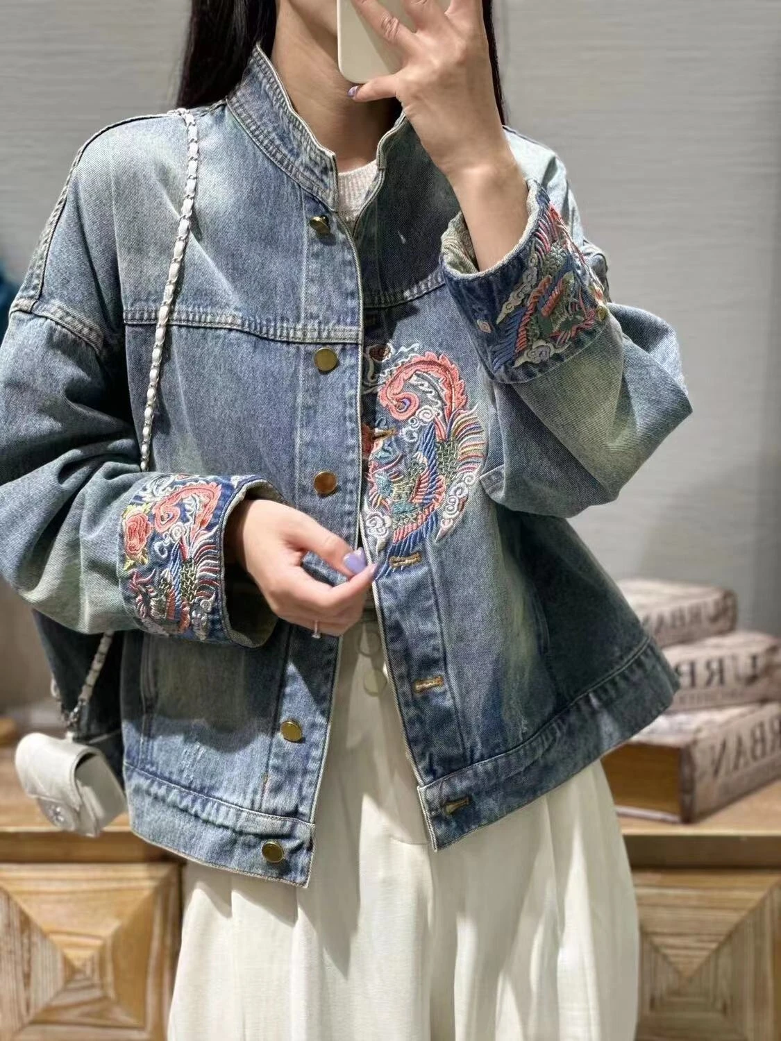 Spring Autumn Chinese Vintage Ethnic Disc Buckle Stand Collar Casual Denim Long-Sleeve Embroidery Jacket