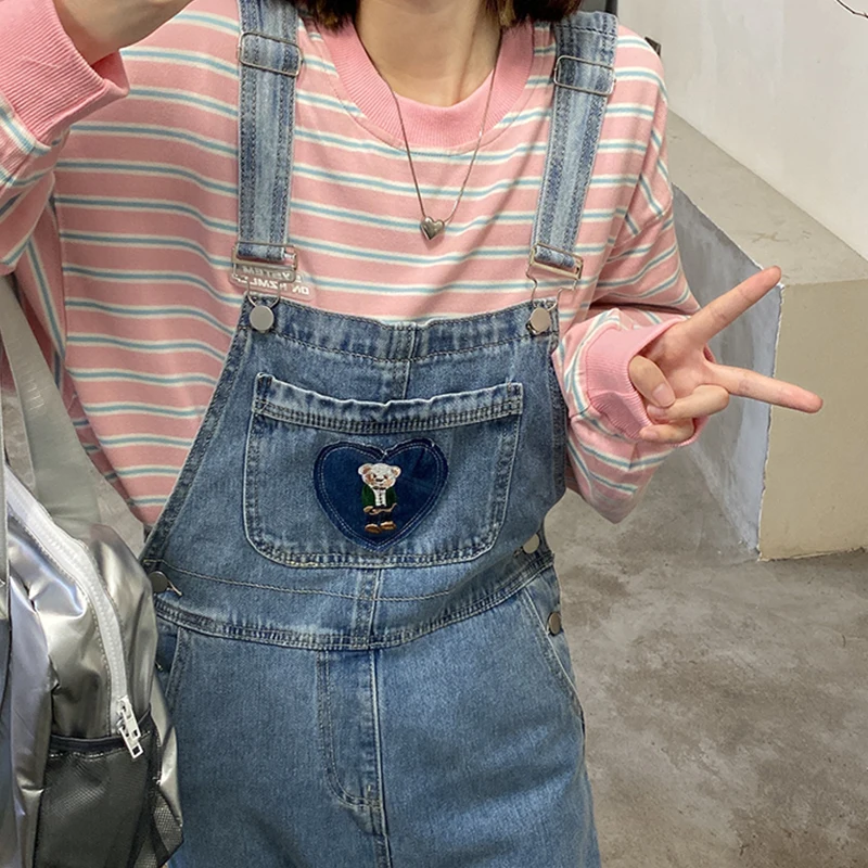 American Retro Baggy Overalls Jeans For Women Summer Casual High Quality Wide Pants Light Blue Jumpsuit Denim Trousers Female