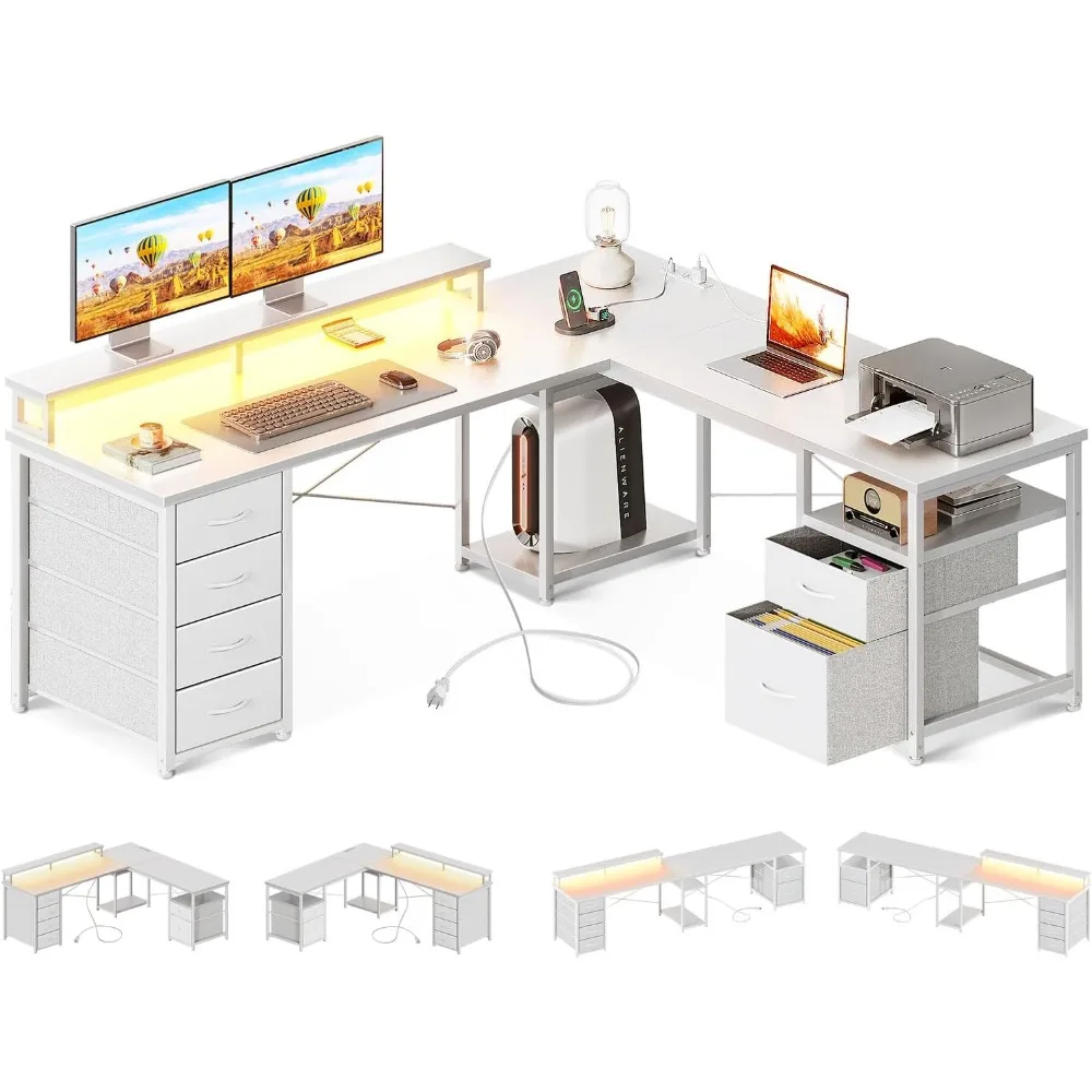 

59" L Shaped Computer Desk, Office Desk with File Cabinet & 4 Drawers,2 Person Long PC Desks Table with Monitor Shelf, White