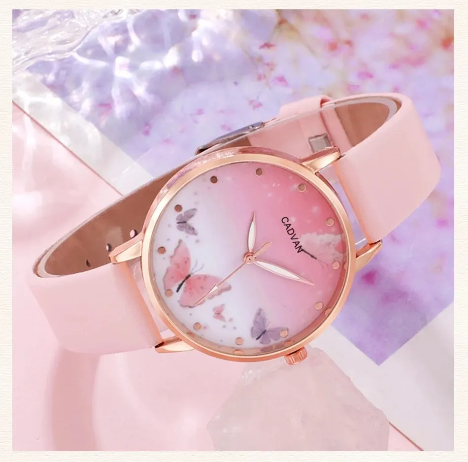 Sd7d2b02e0a5c47d08a9394db2bc011cdX 6PCS Set Women Fashion Quartz Watch Female Clock Pink Butterfly Dial Luxury Brand Design Ladies Leather Wrist Watch Montre Femme Mallzona