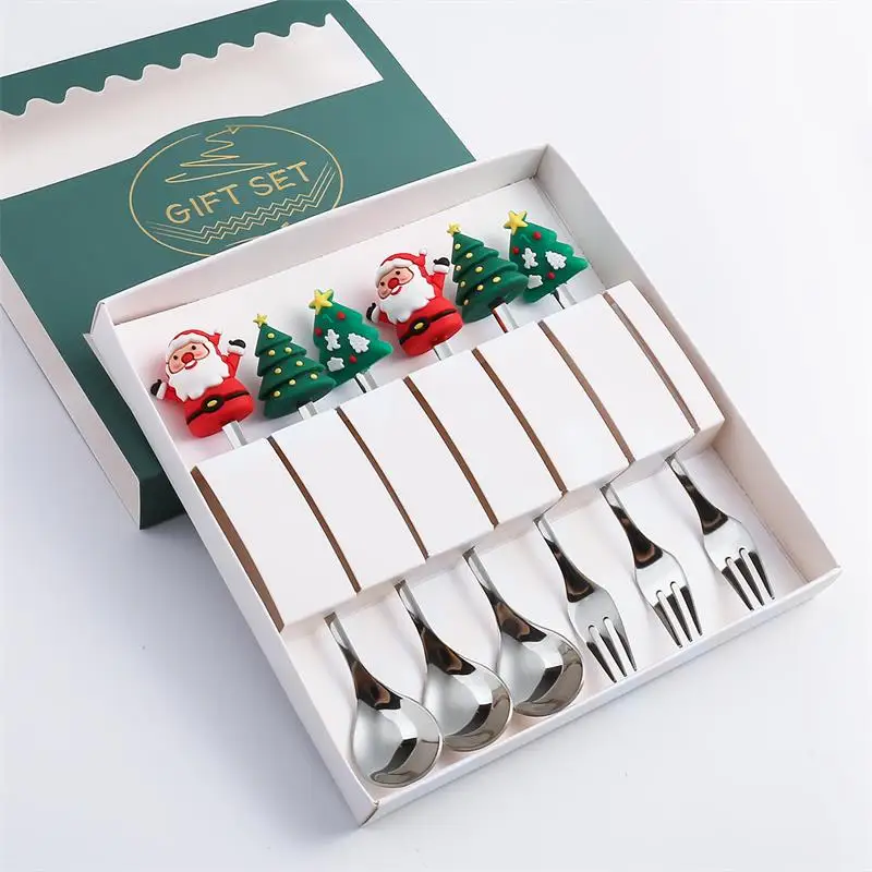 4/6Pcs Christmas Dinnerware Stainless Steel With Luxury Gift Box Tableware Desser Fork Coffee Spoon Santa Cutlery For Christmas