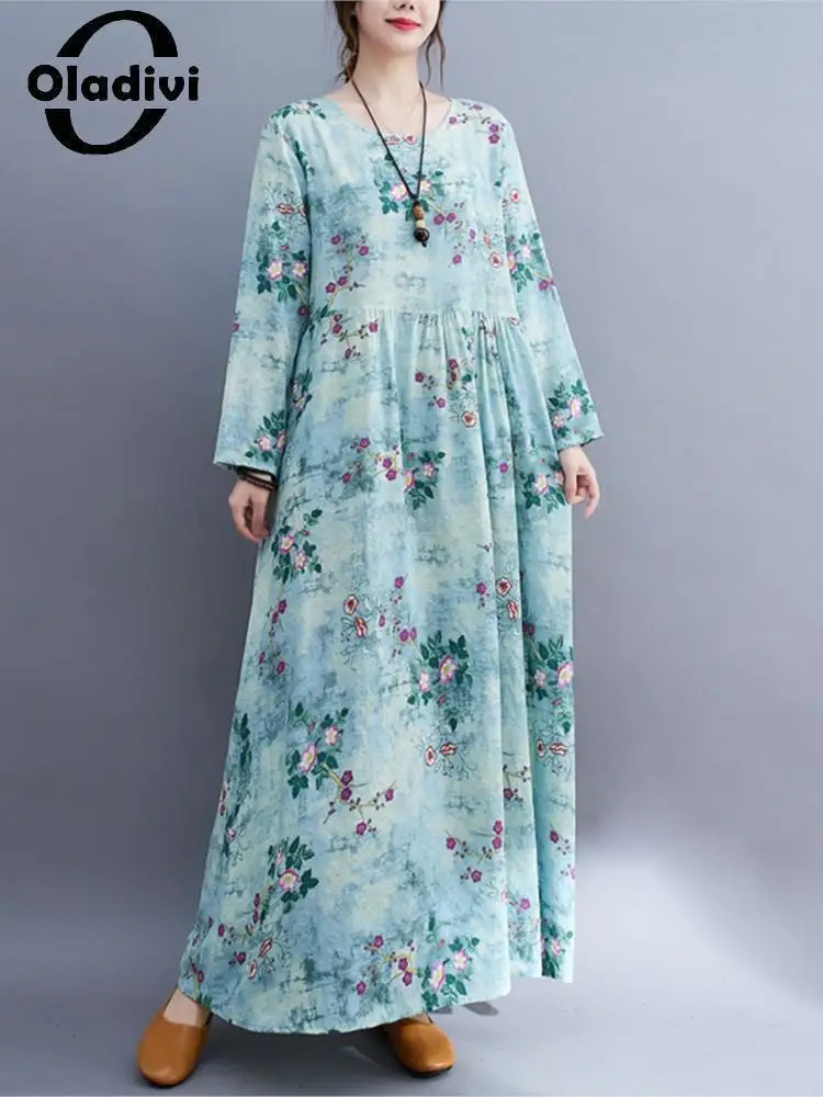 

Oladivi Big Size Women Clothing Fashion Floral Print Casual Loose Dress 2022 Spring Autumn Oversized Bohemian Beach Dresses 9192