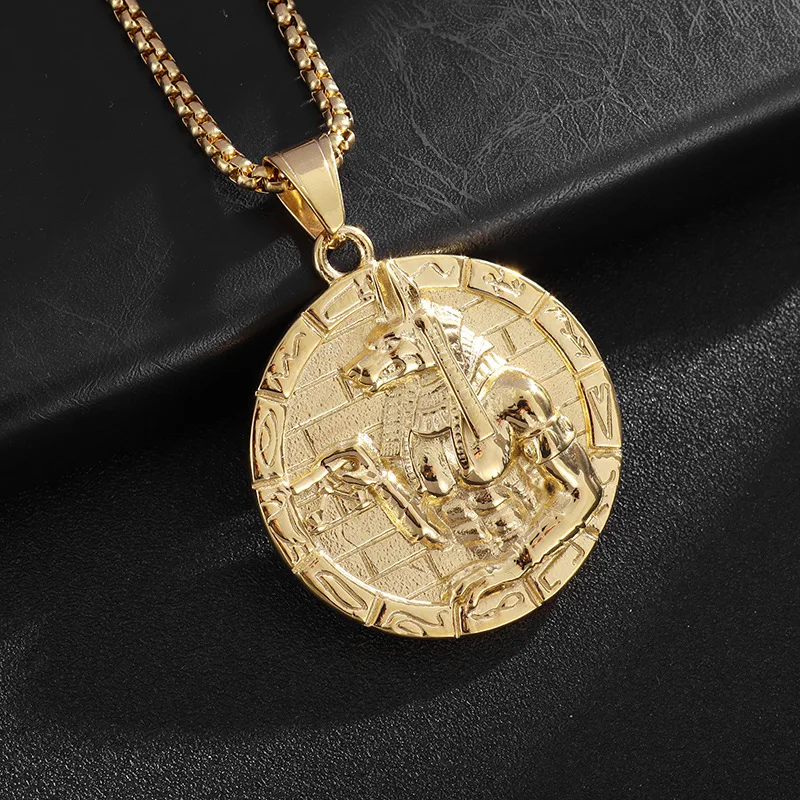 Stainless steel Ancient Egyptian Death of Anubis Round pendant necklace - Rap jewelry accessories