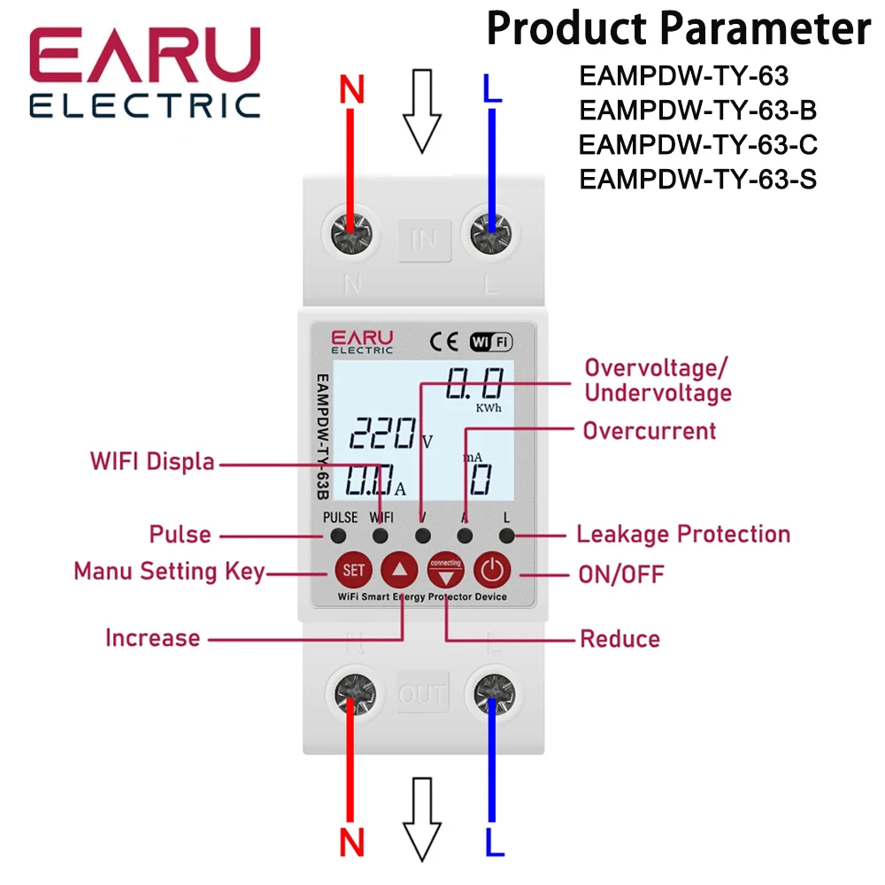 2p 63a 230V Tuya Wifi Smart Energie zähler Leistung kWh Meter Erdschluss über Unter spannungs schutz Relais Gerät Schalter Schalter