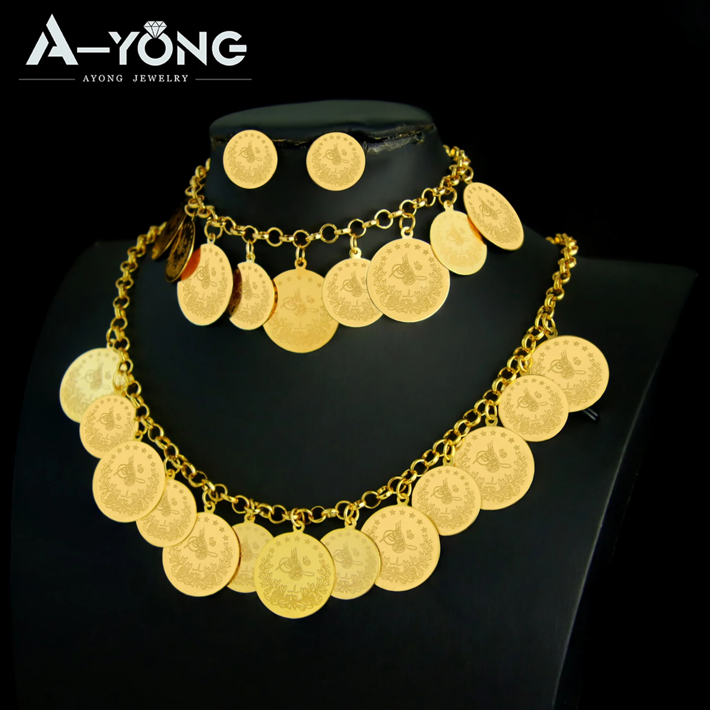 Luxury Saudi Gold Color Coins Necklace Set 21k Gold Plated