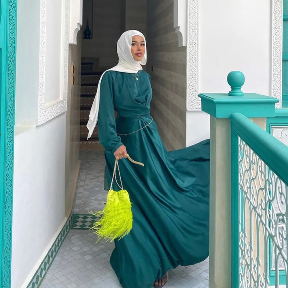 Muslim Ethnic Style Abaya Middle East Malay Casual Simple Women's Pink Evening Dress Autumn New Elegant Solid Color Ladies Robe