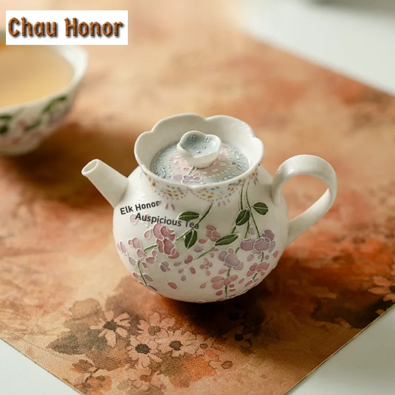 Hand-painted Wisteria Flowers Travel Tea Set Kit Luxury 1 Pot 1 Cups Tea Maker Organizer Portable Outdoor Handbag Craft Gift