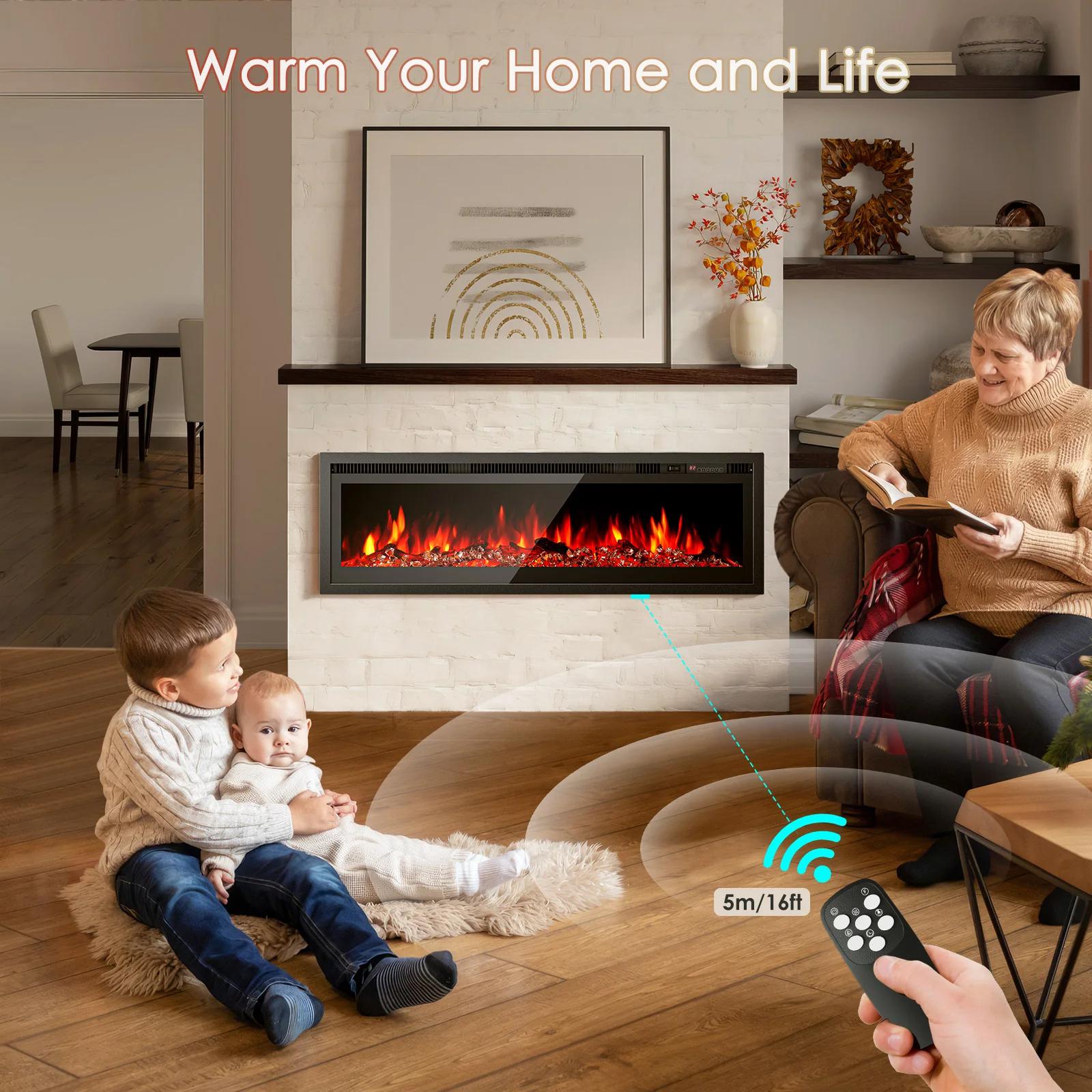 Electric Fireplace Heater Wall Mounted Recessed Fireplace 1500W 8H Timer 12 Color Flame Remote Control 50-60dB Low Noise EU Plug