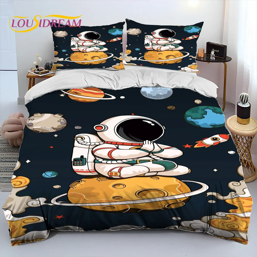 Astronaut Space Cartoon Comforter Bedding Set,Duvet Cover Bed Set Quilt Cover Pillowcase,King Queen Size Bedding Set for Child