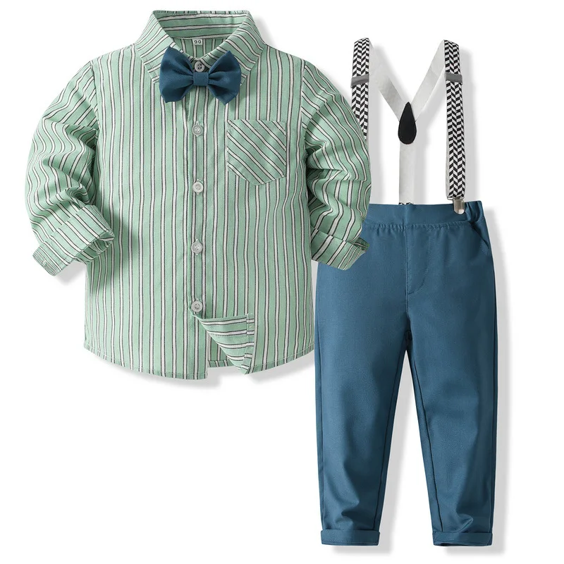 

4Piece Spring Toddler Boys Outfit Sets Fashion Stripe Gentleman Cotton Baby Tops+Pants+Bow+Straps Kids Boutique Clothes BC1794