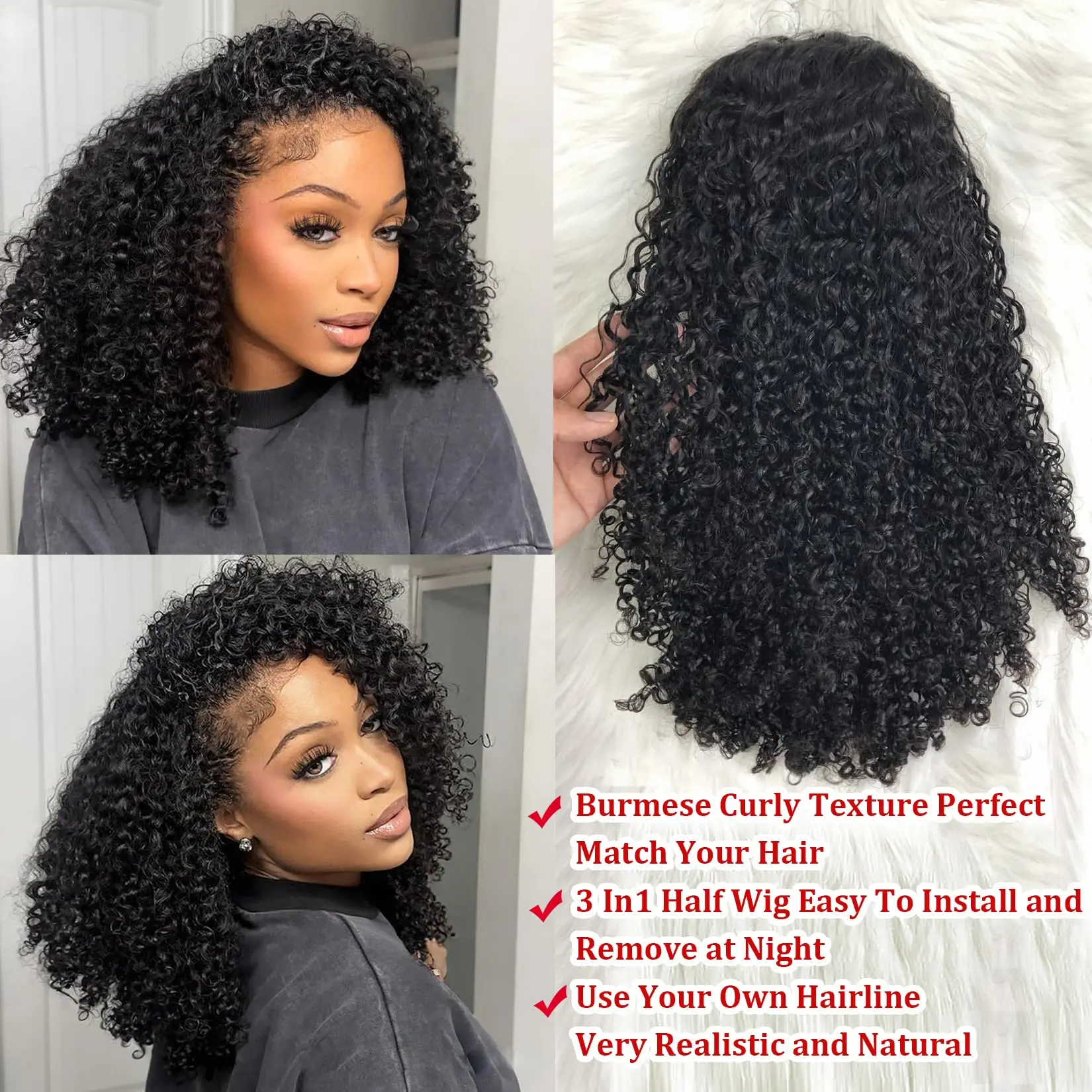 Burmese Curly 250% Density 3 In 1 Half Wig Human Hair 2 Spiral Curly Seamless Flip Over Wear and Go Wigs With Drawsting