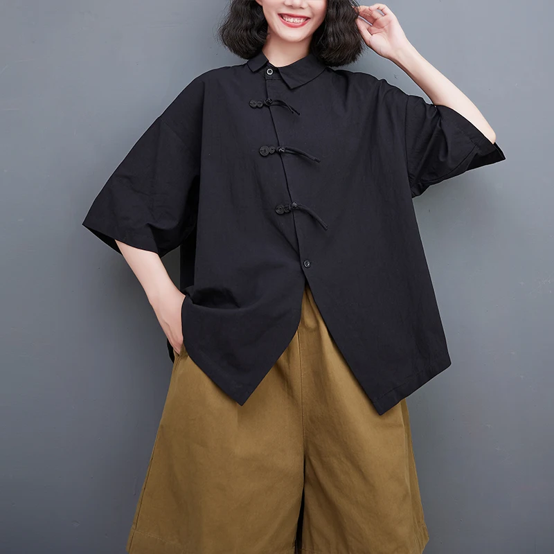 

2023 New Arrival Dark Black Style Chinese Style Irregular Loose Summer Blouse Shirts Fashion Women Casual Blouse