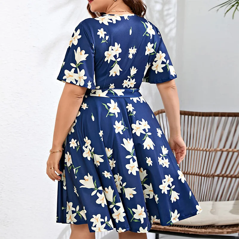 Women's Plus Size V-Neck Floral Printing Short Sleeve Summer Clothes Simplicity Casual Bandage Pleated Knee-Length Dresses