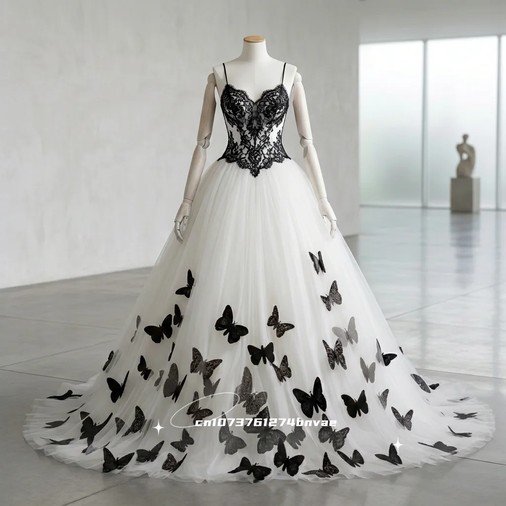 Romantic Butterfly Wedding Dress Black And White Tulle Ball Gown ...