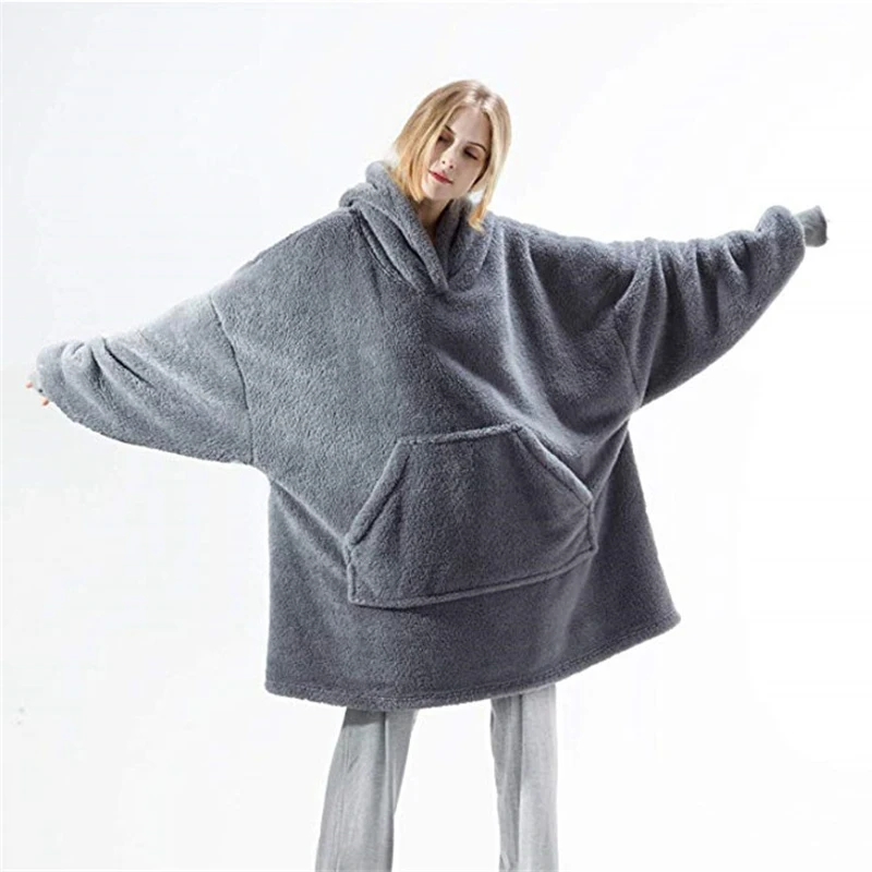 

New Fleece Blanket With Sleeves Outdoor Hooded Pocket Blankets Warm Soft Hoodie Slant Robe Bathrobe Sweatshirt Pullover