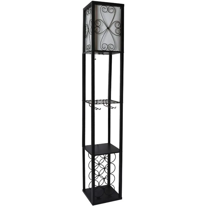 

Simple Designs LF1015-BLK Etagere Organizer Storage Shelf and Wine Rack with Linen Shade Floor Lamp, Black