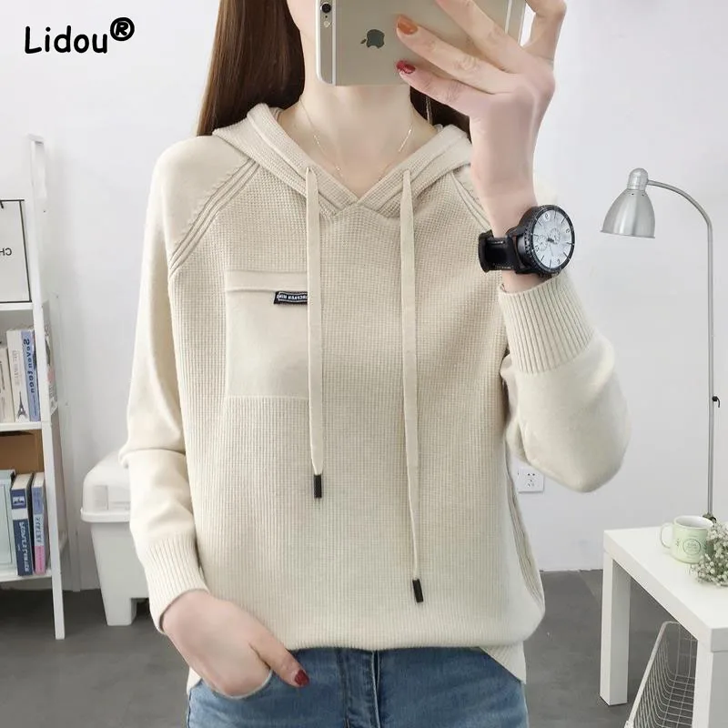 Slim Three-dimension Decoration Knitted Hooded Sweater Casual Thick Autumn Winter Drawstring Multiple Colour Women's Clothing