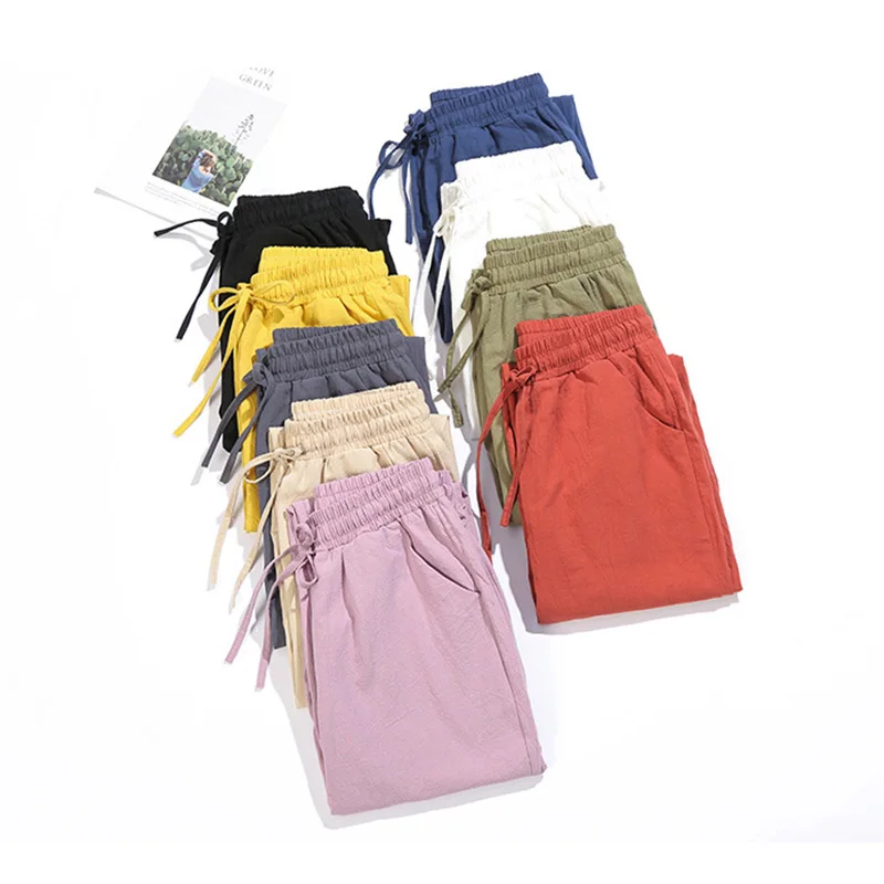2023 Womens Spring Summer Pants Cotton Linen Solid Elastic waist Candy Colors Harem Trousers Casual Female Pants