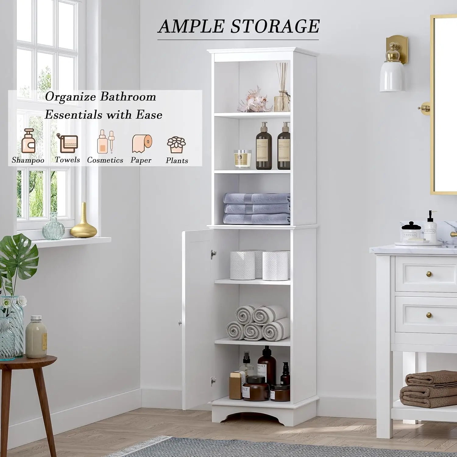 Home Freestanding Storage Cabinet with Three Tier Shelves, Tall Slim Cabinet, Free Standing Linen Tower, White