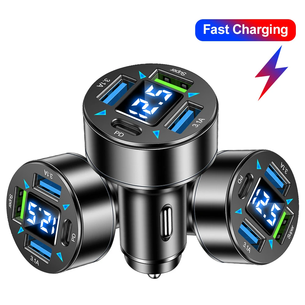 

Car Charger 66W 4 Ports Fast Charge PD QC3.0 USB C 66W LED Car Phone Charger Adapter For iPhone 11 12 Samsung Xiaomi