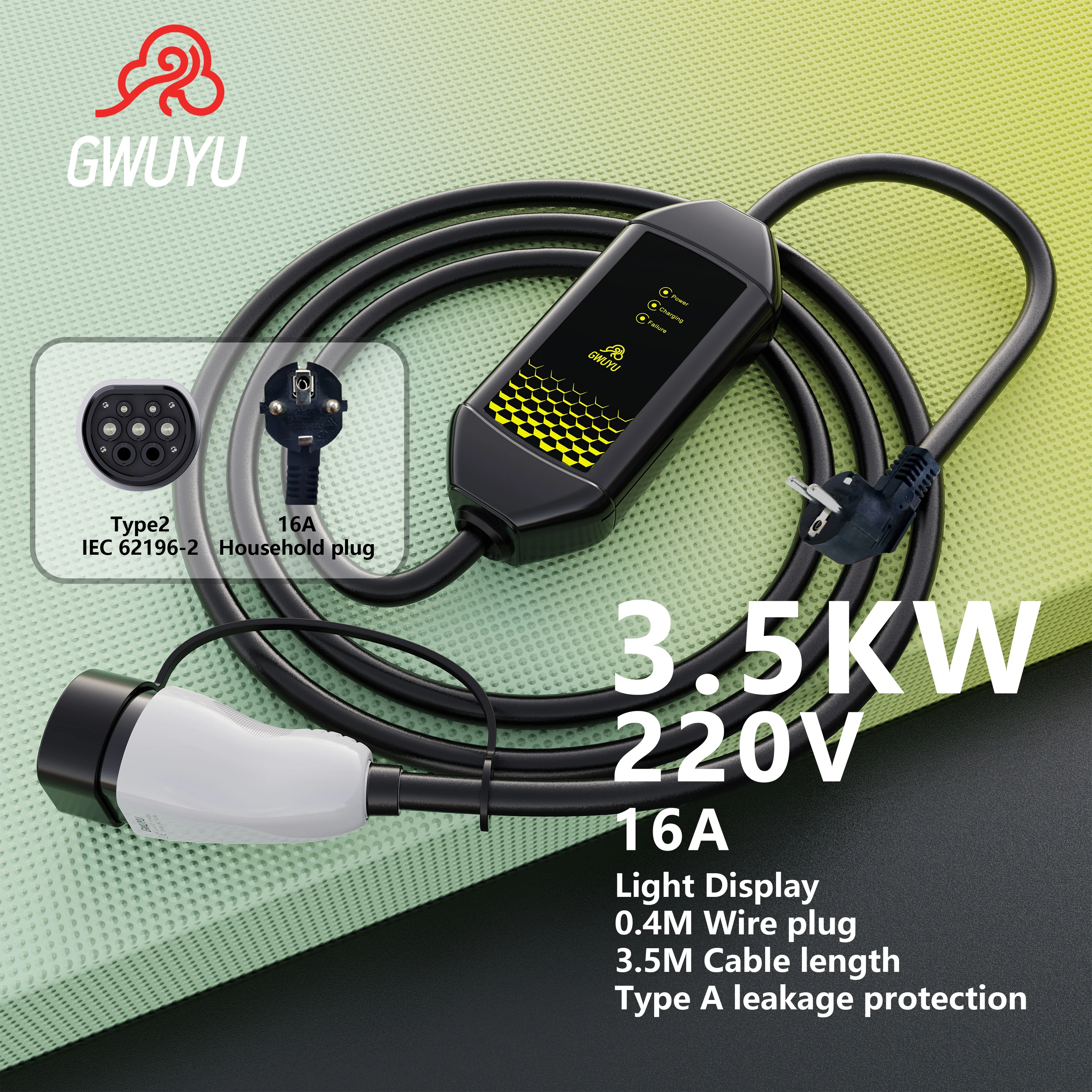 

EV Portable Charger GWUYU M62 7.6KW 32A 3.5KW 16A 220V Type 2 IEC62196-2 Indicator Light 3.5m Cable Electric Vehicle Car Charger