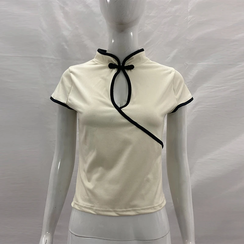 Women's Beige Chinese Style Cheongsam Blouse Vintage Mandarin Collar Short Sleeve Crop Top with Frog Button Keyhole Asymmetrical