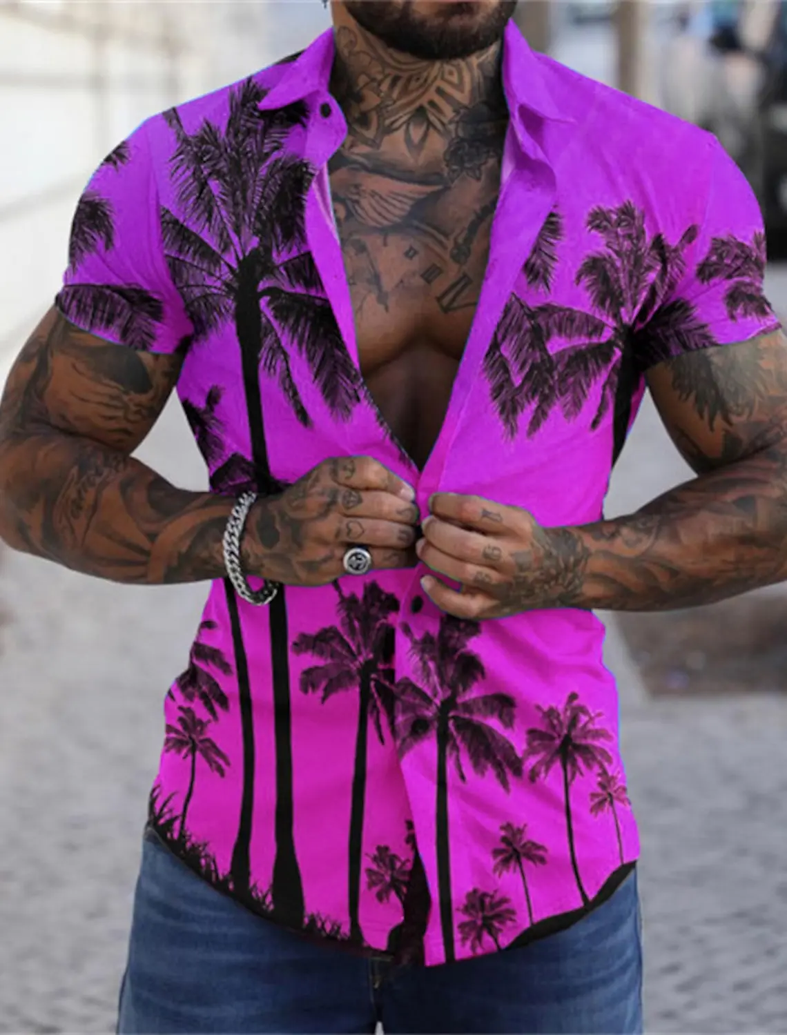 thumbnail image 1 of Camisas hawaianas para hombre con estampado gráfico de árbol hawaiano, cuello vuelto, mar, estampado 3D, ropa de calle de manga corta con botones, palmeras, playa, 1 of 4