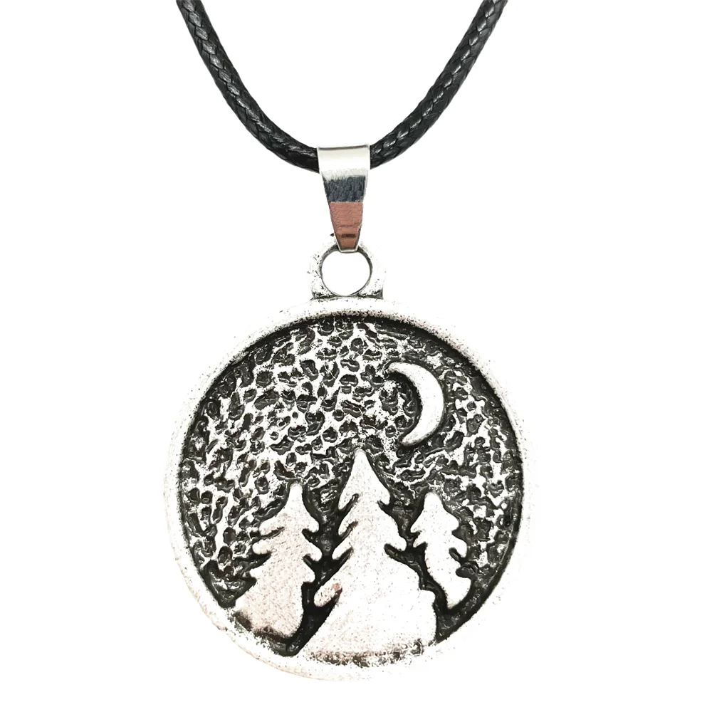 Moon And Tree In Forest Round Pendant Camping Traveling Jewelry Rope Chain Necklace | Украшения и аксессуары